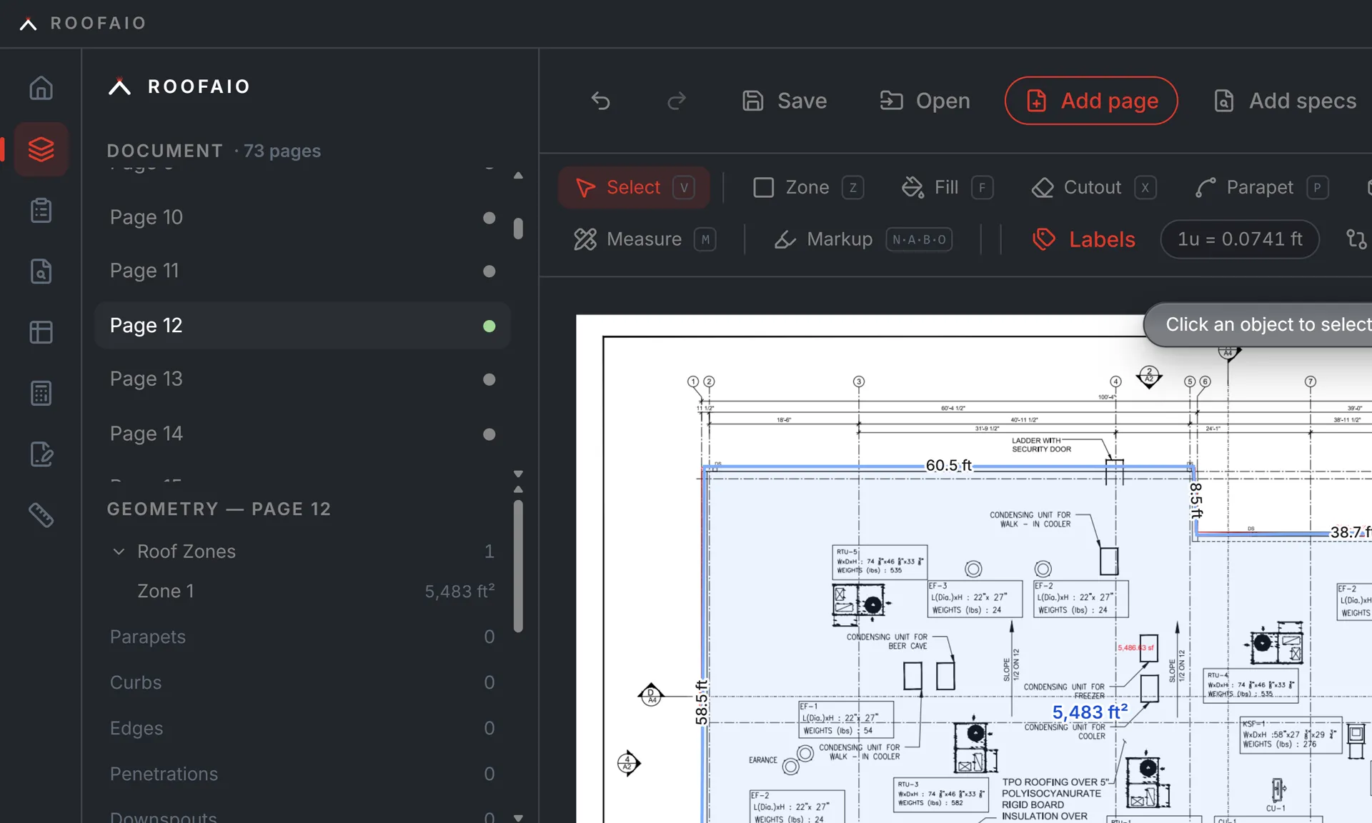 Roof Zone 1 traced on the plan — 5,483 square feet measured, parapet and curb runs listed in the geometry panel